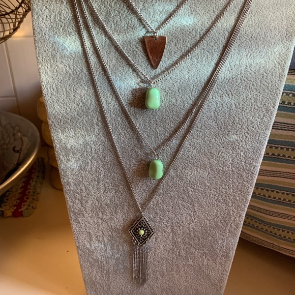 Silver Tone & Green Stone Layered Four Strand Necklace and Matching Earrings - Picture 8 of 11